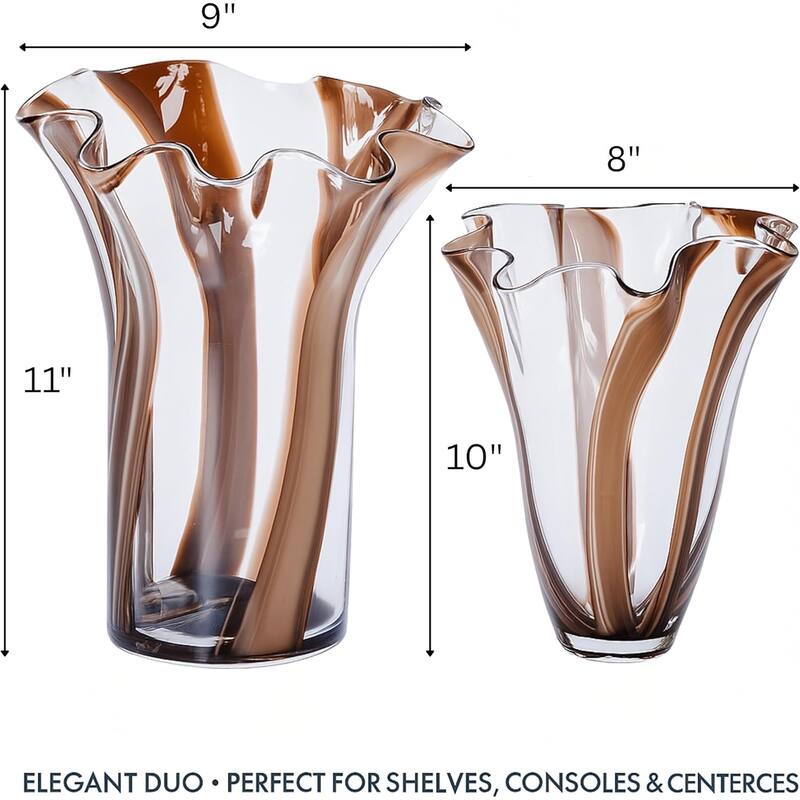 Set of Two Handblown Striped Chocolate Brown Vases