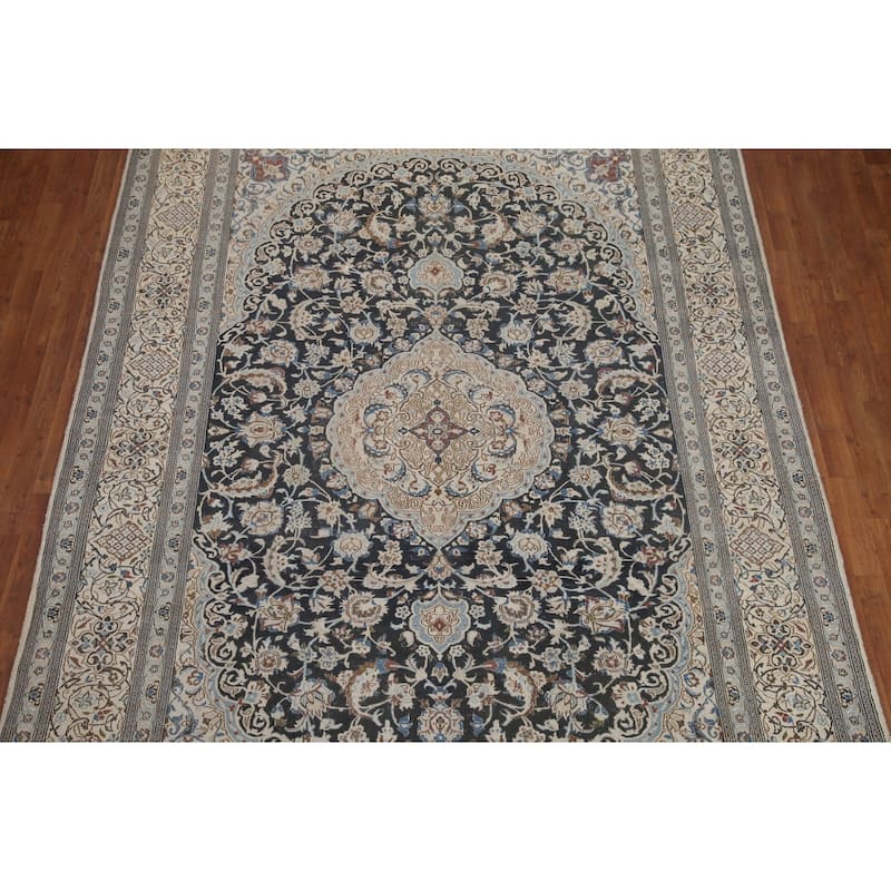 Hand Knotted Oriental 100% Wool Carpet Traditional Floral Black Nain Area Rug - 11' 9'' X 7' 11''