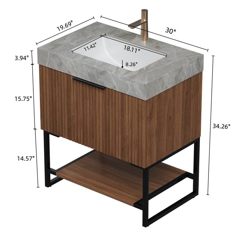 30" Bathroom Vanity & Sink, Freestanding Striped Plywood Storage Cabinet with Drawer & Open Shelf