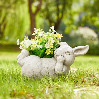 Glitzhome 14.25"L MGO Rabbit Shape Statue Planter Pot for Indoor Outdoor