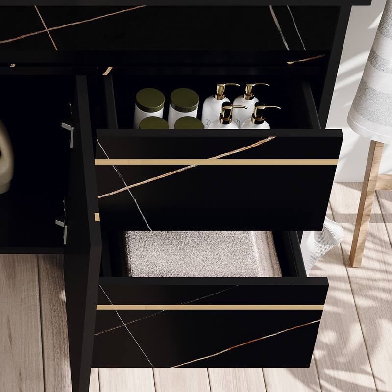 GDFStudio - Luxury 35.4" Floating Wall-Mounted Sintered Stone Bathroom Vanity with Ceramic Sink & Soft-Close Drawers - 35.5"