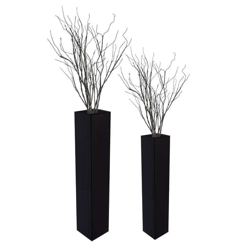 Large Tall Rectangular Wooden Modern Floor Vase - Sleek Contemporary Decor Accent for Living Room, Bedroom, Hallway and Entryway - Set of 2 - Black