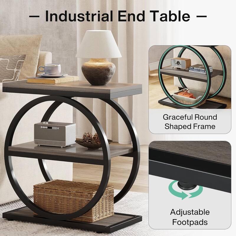 23.6" Space-Saving Side Table, Grey Wood & Black Metal Frame