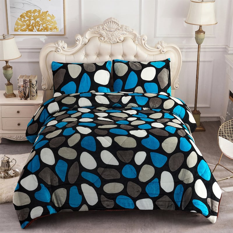 3-Piece Floral Printed Sherpa-Backing Reversible Comforter Set