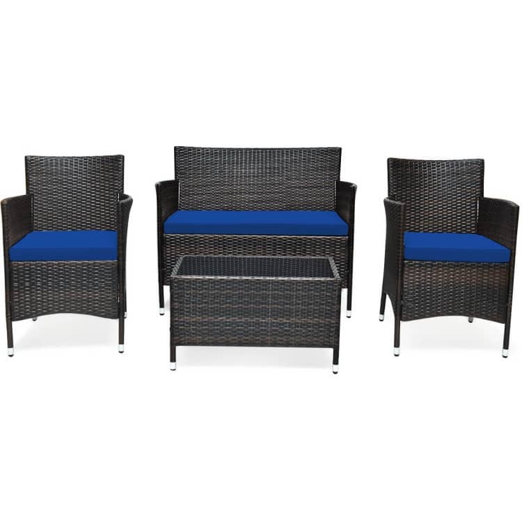 Rattan Patio Conversation Furniture Set with Glass Table and Comfortable Sofa - 4 Pcs