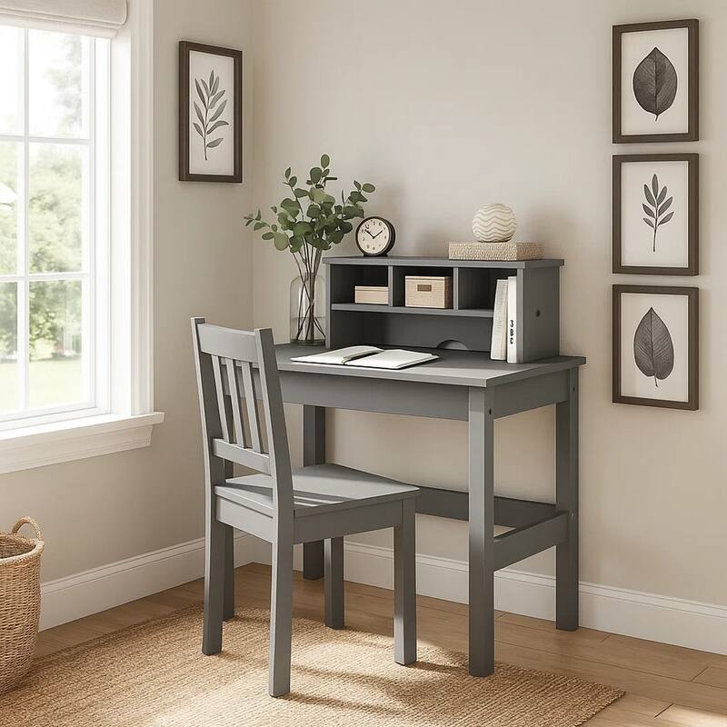 Writing Desk with Wooden Frame and Open Compartments, Gray