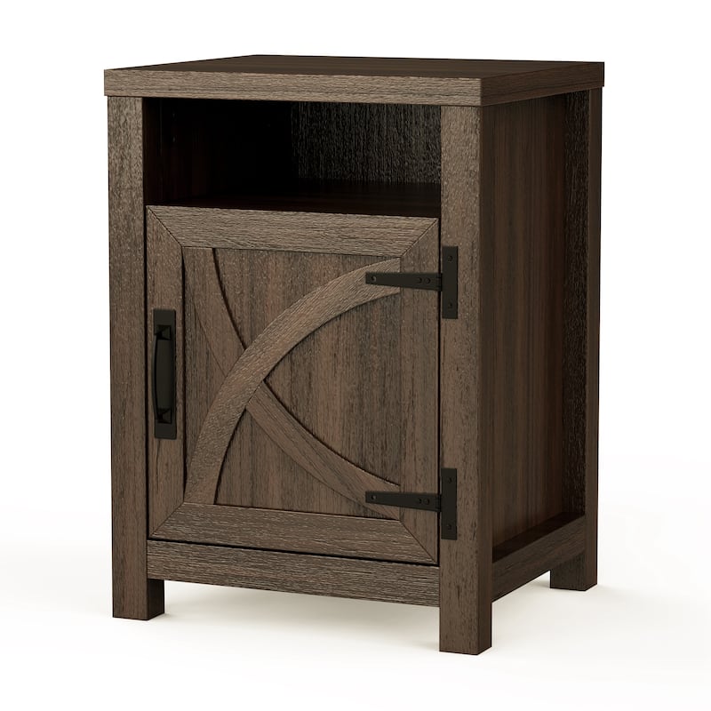 Farmhouse Brown Barn Door Nightstand Bedside Table Set of 2 with Open Compartment