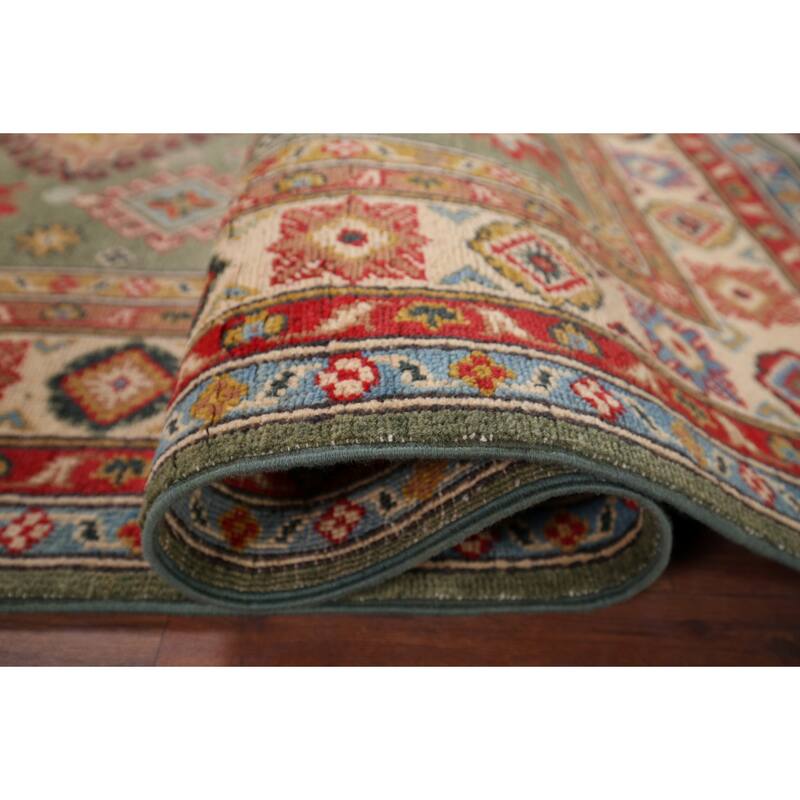 Hand Knotted Oriental 100% Wool Carpet Traditional Geometric Green Kazak Area Rug - 5' 11'' X 4' 0''