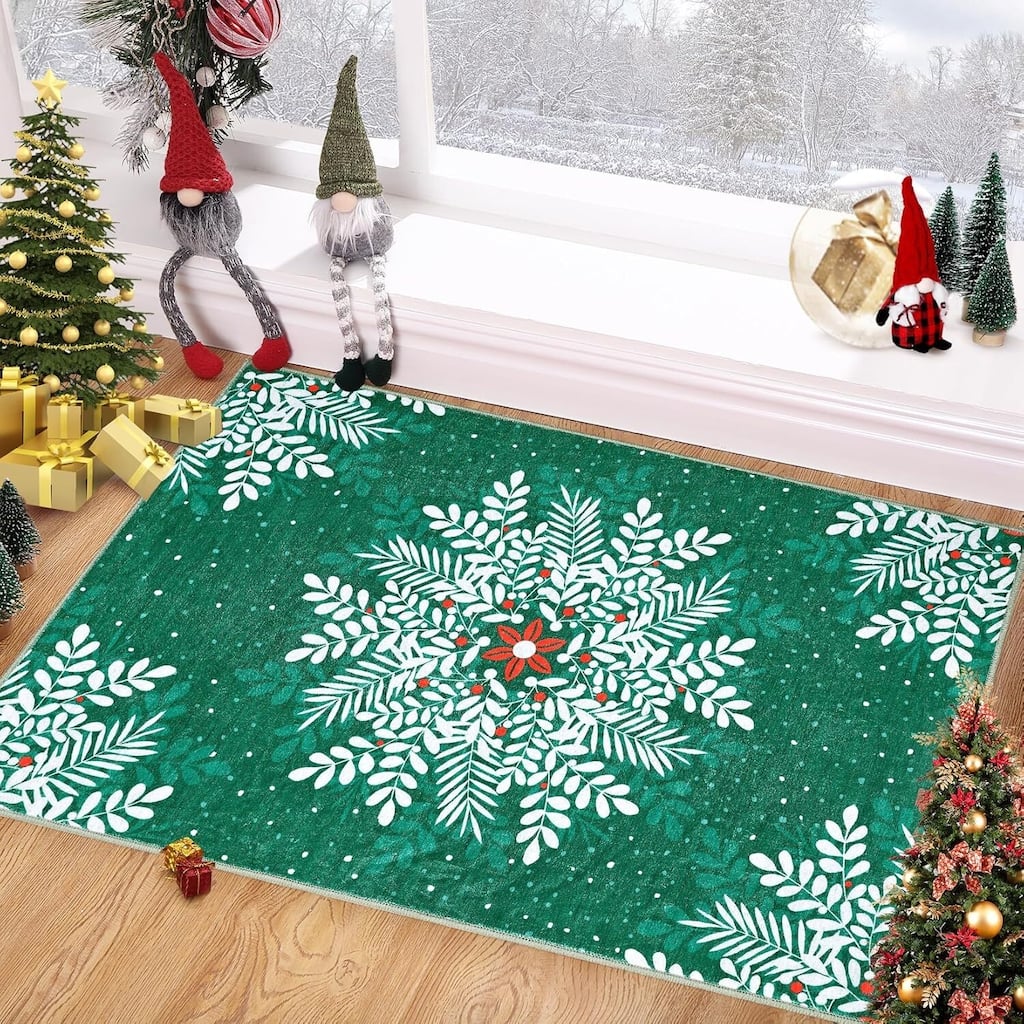 Christmas Snowflake Washable Area Rug, Floor Carpet for Holiday Decor, Green