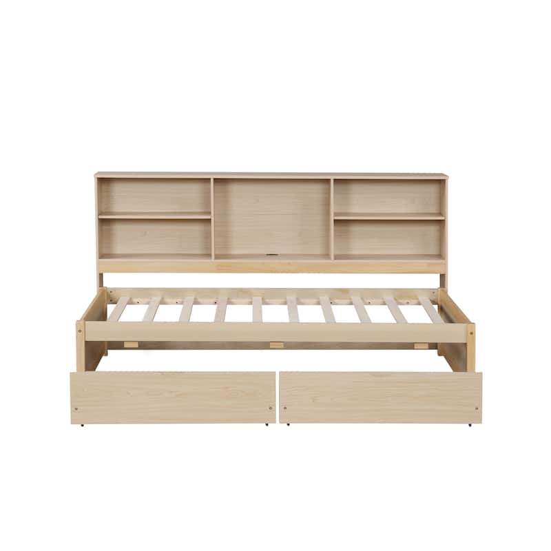 Bed Frame With Side Bookshelves,Two Drawers And Built-in USB Port