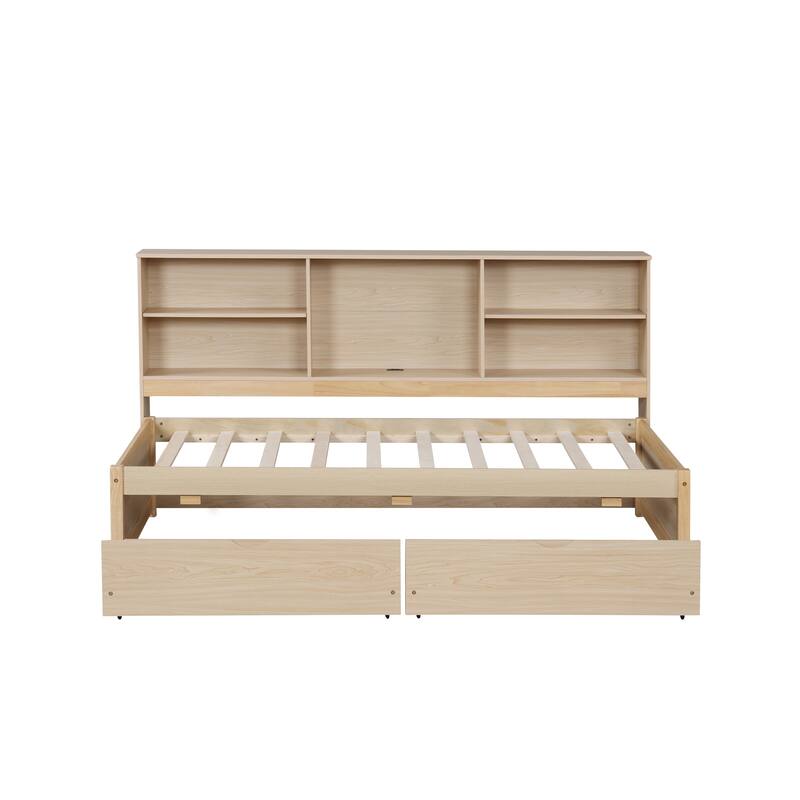 Twin Size Bed Frame Children's Bed with Side Bookshelves 2 Drawers and Built-in USB Port