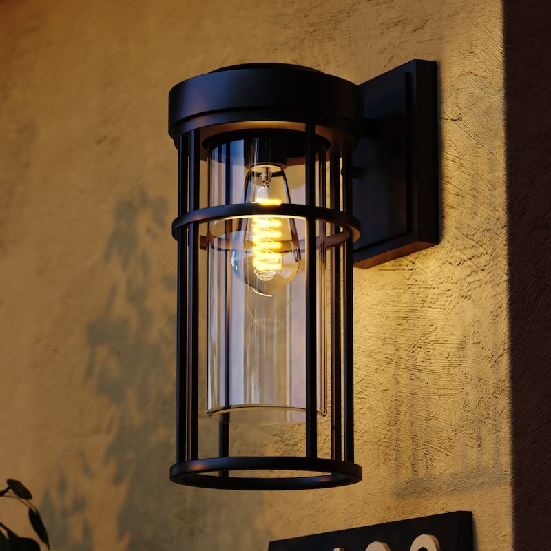 VAXCEL Crestline 14 in. H 1-Light Black Dusk to Dawn Sensor Outdoor Wall Sconce, Rust-Resistant Aluminum, Clear Glass Shade - Textured Black - 6.5-in W x 14-in H x 8.25-in D