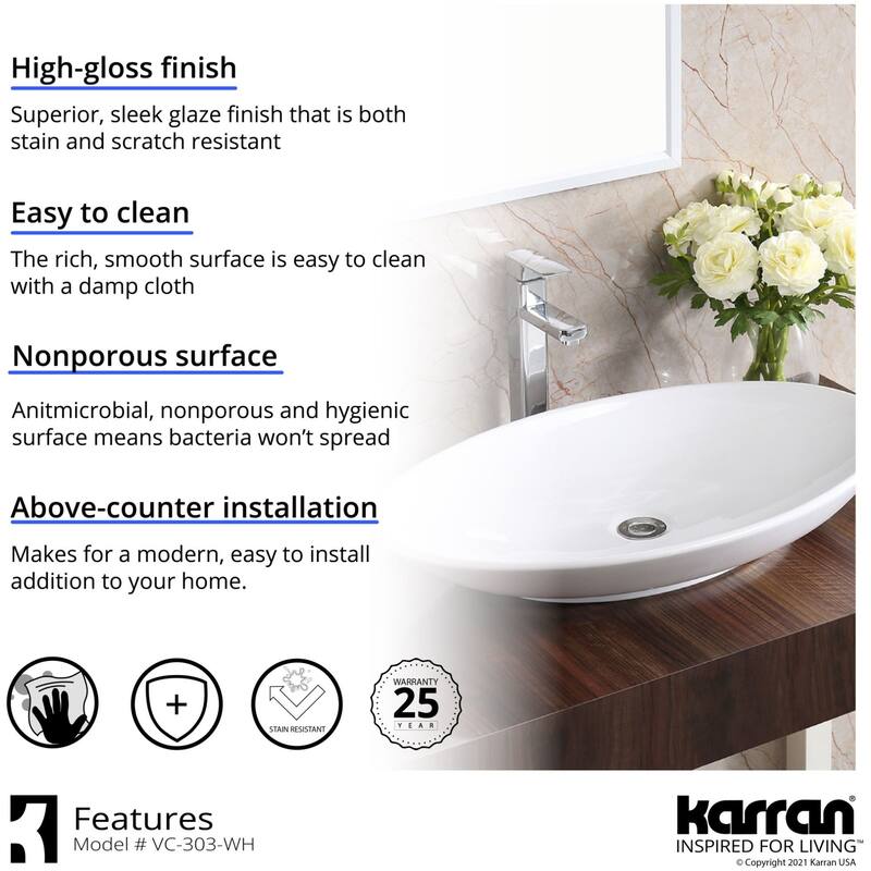 Karran USA VC-303 Valera 27" Oval Vitreous China Vessel Bathroom Sink