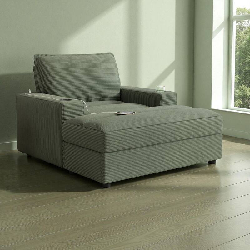Oversized 42.8" Chaise Lounge Chair with Storage Ottoman, Corduroy Sleeper Chair with Cup Holders & USB Port for Living Room - Green