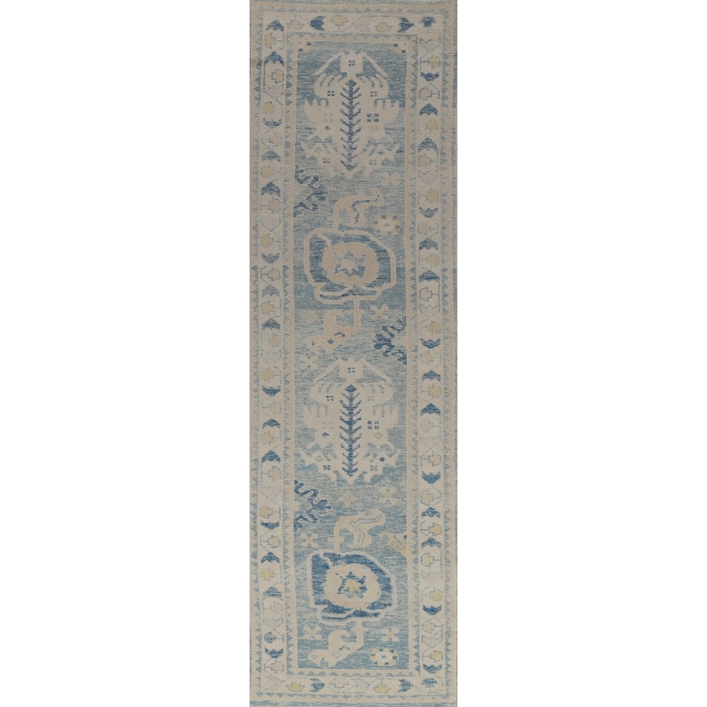 Hand Knotted Oriental 100% Wool Carpet Transitional Geometric Navy Blue & Blues Oushak Runner Rug - 12' 10'' X 3' 0''