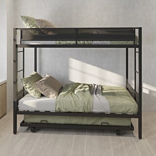 Black Twin over Twin Metal Bunk Bed with Trundle and Comfortable Guardrail