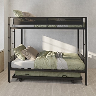 Twin over Twin Size Metal Bunk Bed with Trundle, Sturdy Metal Frame, Noise-Free Wood Slats, Comfortable Textilene Guardrail
