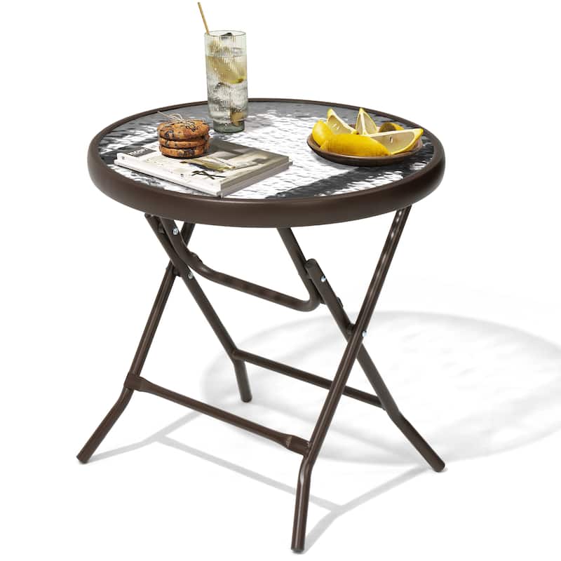 Outdoor Folding Tempered Glass Side Table Patio Bistro Coffee Table - 1PC - Brown