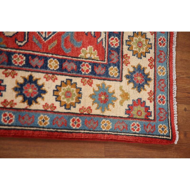 Geometric Kazak Rug Hand-Knotted Red Wool Carpet - 3'4"x 5'2"