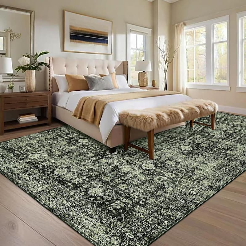 Vintage Floral Rug Non Slip Low Pile Area Rug Soft Throw Rugs for Living Room Bedroom