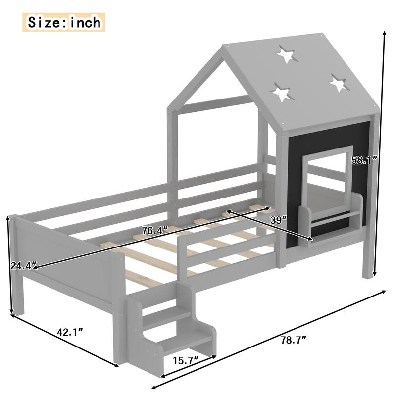 Kids House Platform Bed with Stairs, Star Roof, Window, Bookcase & Blackboard, Solid Wood Low Profile Bed No Box Spring