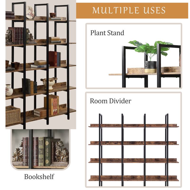5 Tier Bookcase Home Office Open Bookshelf, Vintage Industrial Style Shelf, MDF Board, Black Metal Frame