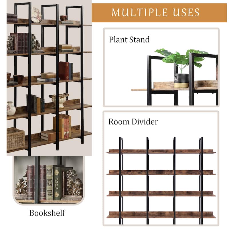 5 Tier Industrial Bookcase, Open Home Office Bookshelf with Metal Frame and MDF Shelves, Vintage Style