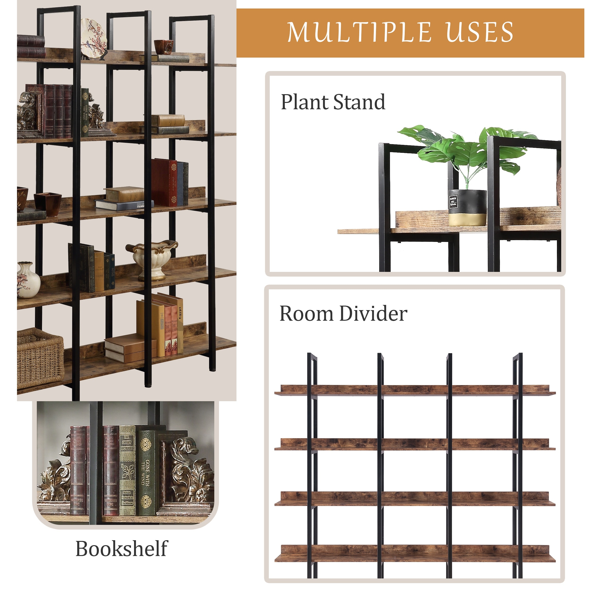 Brown Vintage Industrial Style 5 Tier Bookshelf Open Bookcase Room