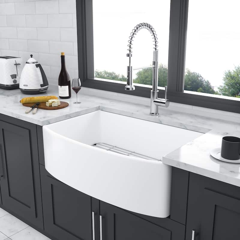 Farmhouse Kitchen Sink Ceramic Arch Edge Apron Front Single Bowl