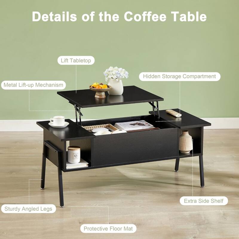 VECELO Modern Lift Top Coffee Table with Hidden Storage 2 Side Shelves Space-Saving Design for Living Room