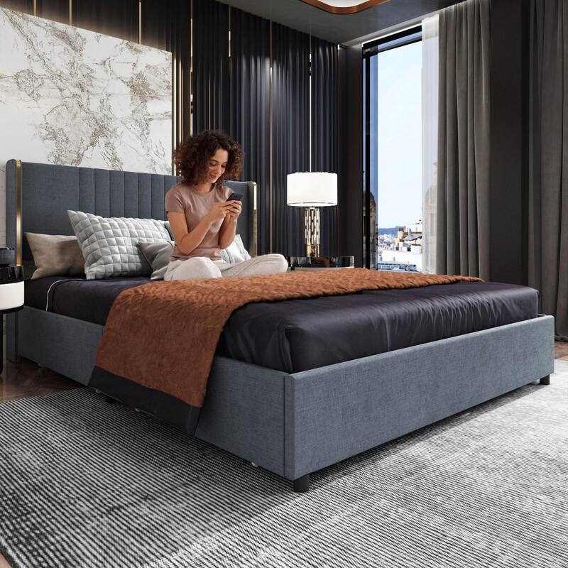 Upholstered Bed with LED Lighting and Storage - Bedroom Elegance