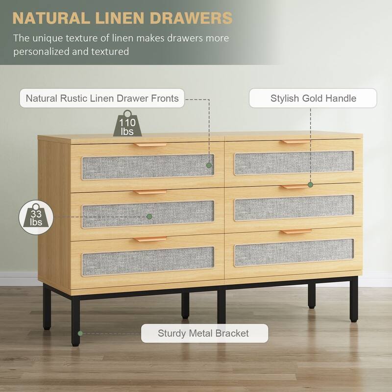 Gymojoy 47" 6 Drawer Rattan Dresser for Bedroom, Boho Farmhouse Wood Chest of Drawers with Metal Handles, Closet Organizer