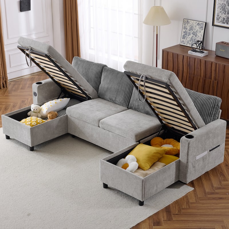 111.8" Chenille U-Shaped Sectional Sleeper Sofa with USB & Storage