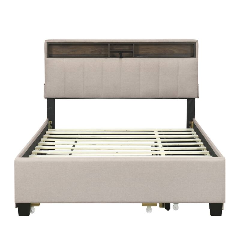 Full size Upholstered Platform Bed with Twin Size Trundle & 2 Drawers
