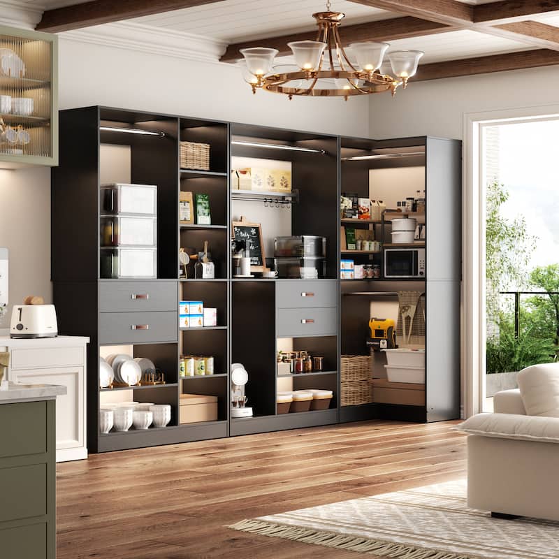 Navada 79'' - 110'' Freestanding Corner Closet System, Reversible Closet Organizer with Drawers and Hanging Rods