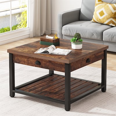 Wood Coffee Table with Storage, Square Coffee Table, 2-Tier Industrial Center Tables for Living Room