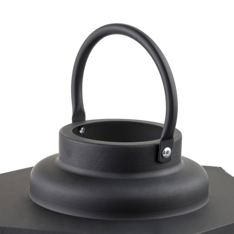 Alpine Corporation 14" Tall Outdoor Hexagonal Battery-Operated Metal Lantern with LED Lights, Black