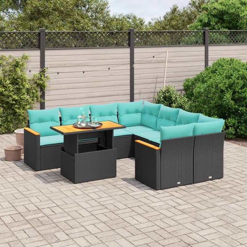 vidaXL Patio Sofa Set with Cushions Outdoor Furniture 9 Piece Poly Rattan - 24.4 x 24.4 x 27.2 - Black