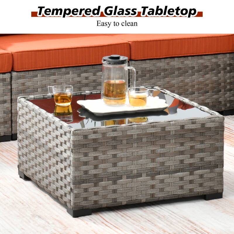 HOOOWOOO 9-piece Wicker Outdoor Modular Wide Armrest Sectional Set Fire Pit Set