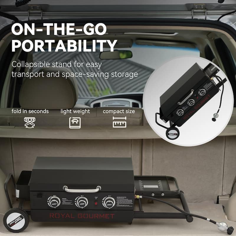 Royal Gourmet Portable 3-Burner Griddle with Collapsible Stand