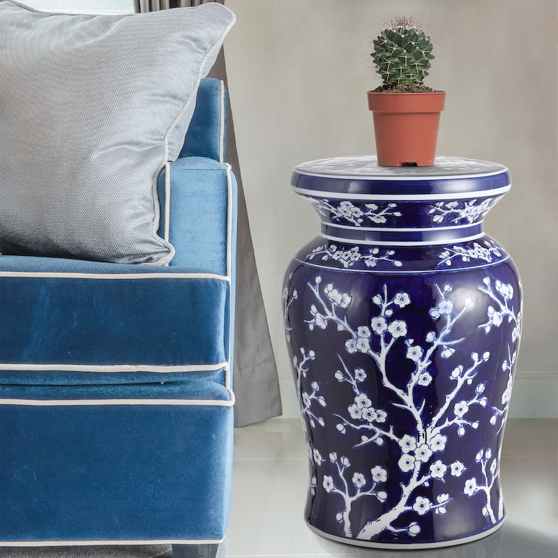 Cherry Blossom 17.7" Ceramic Garden Stool, Navy/White by JONATHAN Y