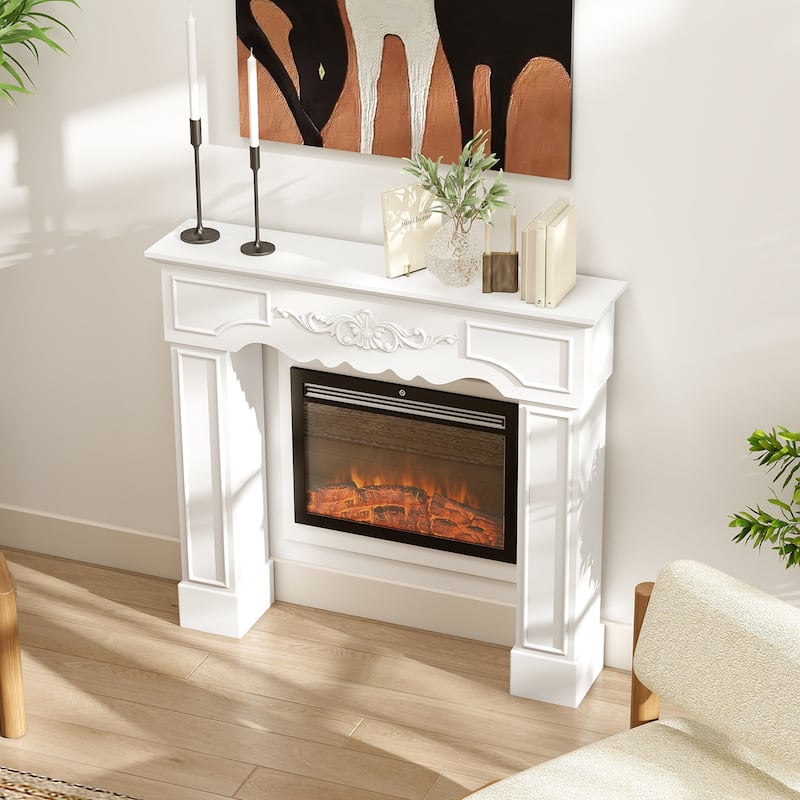 HOMCOM Baroque Fireplace Mantel, Freestanding Fireplace Surround with Leg for Electric Fireplaces, 43.3" W x 39.8" H, White