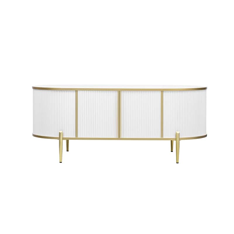 Oval Storage Coffee Table with 2 Cabinets, Faux Marble Top Center Couch Table with Metal Legs, Living Room Table