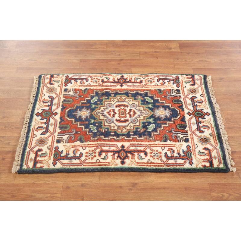 Hand Knotted Oriental 100% Wool Carpet Traditional Medallion Navy Blue & Blues Heriz (serapi) Area Rug - 3' 0'' X 2' 0''