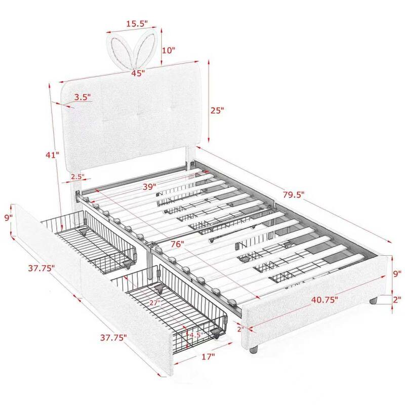 Kids Boucle Upholstered Bed with Rabbit Ear Headboard, LED Music Sync & 4 Drawers