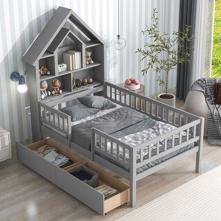 Pine Wood Twin Bed with House-Shaped Headboard, Fence Guardrails, and Drawers