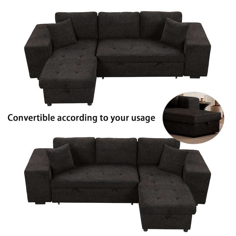 Black 104.5" Charcoal L-Shaped 3-Seater Convertible Sofa with Pull-Out Bed, Storage Chaise, and 2 Stools for Convenient Living