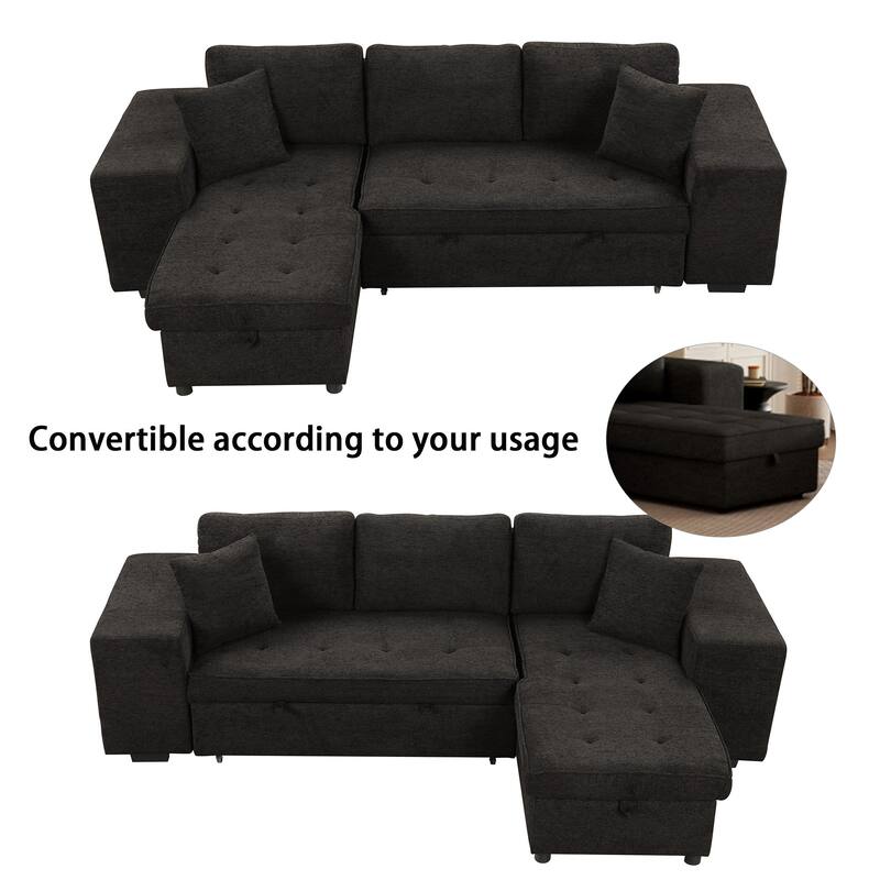 Convertible Sleeper Sectional Sofa, Reversible Sofa with Pull-Out Bed, Storage Chaise & 2 Stools, Linen Upholstered 4 Seat Sofa