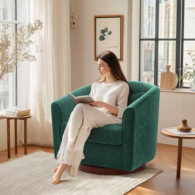 Chenille Swivel Chair with Wood Base