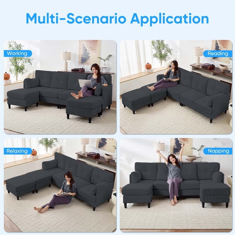 Mixoy Corduroy U-Shape Modular Convertible Sectional Sofa,Upholstered 4-Seater Sofa Couch with Movable Ottoman